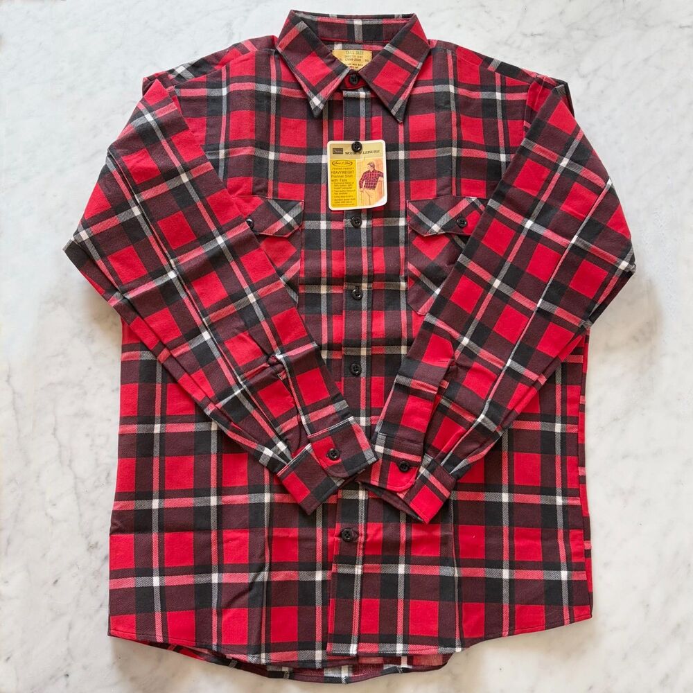 Sears Vintage Plaid Flannel Shirt Mens Large Tall Red Black New Old Stock